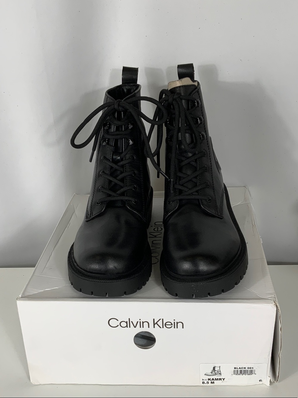 Calvin Klein Black Lace-Up Lug Sole Ankle Boots